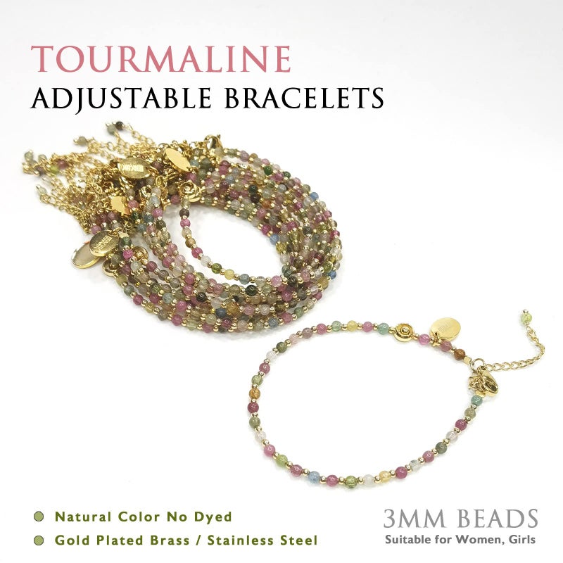 Morchic Colorful Tourmaline Natural Gemstone Adjustable Bracelet for Women, 3mm Tiny Beads Energy Gem Charm Jewelry, Birthday Gift 7.1" - Image 3